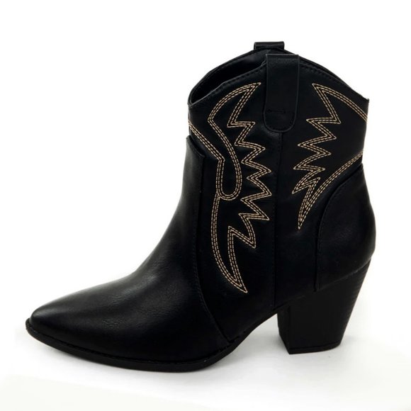 NEW Black Pointy Toe Block Heel Western Stitch Embroidery PU Leather Ankle Boots - Picture 6 of 10